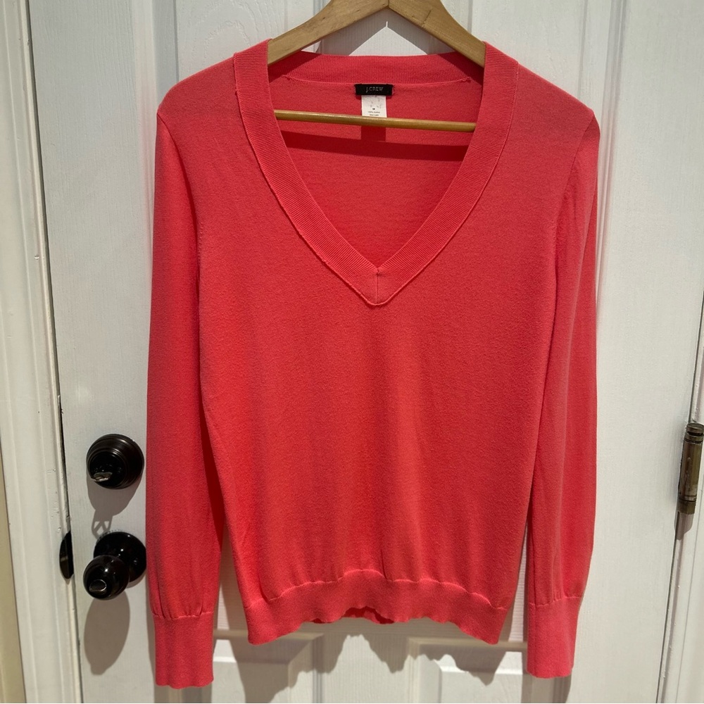 J Crew Womens Sweater Salmon Long Sleeve V Neck Cotton Summer Medium RN77388 - Picture 1 of 12